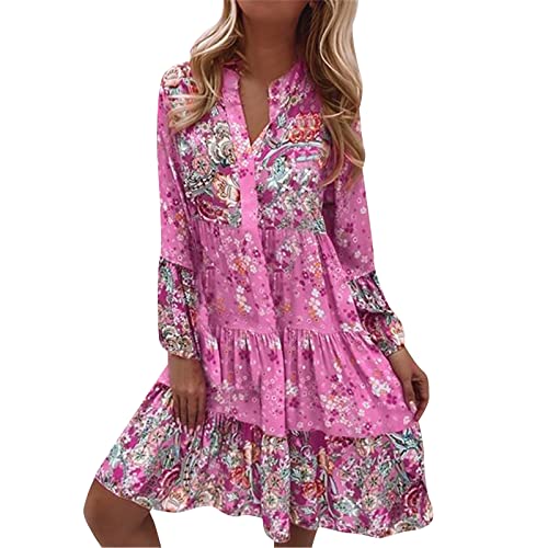 DeaAmyGline Sommerkleid Damen Knielang Boho Kleid Langarm Strandkleid Sommer Frühling Tunika Kleider Elegant Vintage Ethnic Blumen Druck Blusenkleid Midikleid Frühlingskleid Freizeitkleid für Fauen von DeaAmyGline