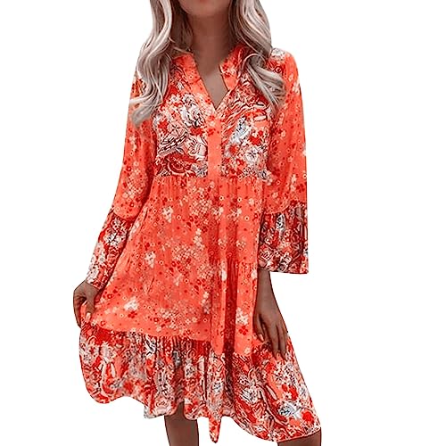 DeaAmyGline Sommerkleid Damen Knielang Boho Kleid Langarm Strandkleid Sommer Frühling Tunika Kleider Elegant Vintage Ethnic Blumen Druck Blusenkleid Midikleid Frühlingskleid Freizeitkleid für Fauen von DeaAmyGline