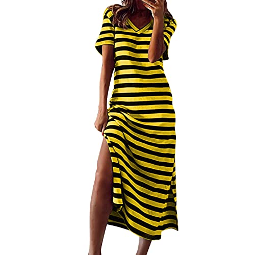 DeaAmyGline Sommerkleid Damen Lang Gestreifte T Shirt Kleid Sommer Maxikleid Kurzarm V-Ausschnitt Streifen Lässig Locker Langes Kleider mit Schlitz Shirtkleider Strandkleid Freizeitkleid für Frauen DeaAmyGline Sommerkleid Damen Lang Gestreifte T Shirt Kleid Sommer Maxikleid Kurzarm V-Ausschnitt Streifen Lässig Locker Langes Kleider mit Schlitz Shirtkleider Strandkleid Freizeitkleid für Frauen von DeaAmyGline