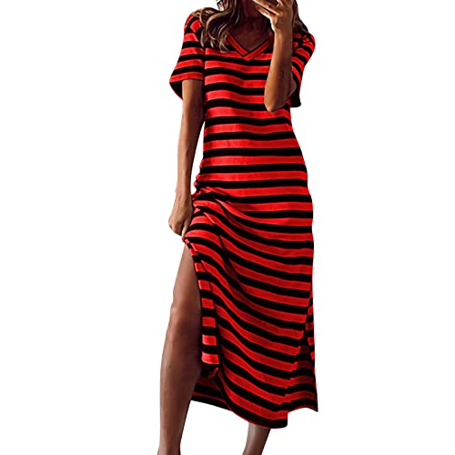 DeaAmyGline Sommerkleid Damen Lang Gestreiftes Kleid Sommer Strandkleid Maxikleid Kurzarm V-Ausschnitt mit Schlitz Lange T Shirt Kleider Boho Urlaub Casual Lockerer Freizeitkleid für Frauen DeaAmyGline Sommerkleid Damen Lang Gestreiftes Kleid Sommer Strandkleid Maxikleid Kurzarm V-Ausschnitt mit Schlitz Lange T Shirt Kleider Boho Urlaub Casual Lockerer Freizeitkleid für Frauen von DeaAmyGline