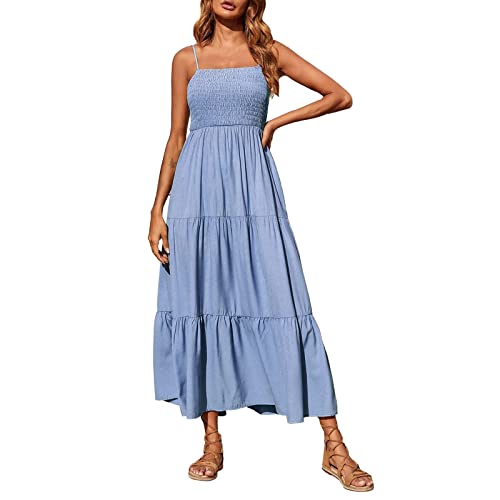 DeaAmyGline Sommerkleid Damen Lang Maxikleid Spaghetti Träger Boho Kleid Sommer Strandkleid Plissiert Bandeau Swing Trägerkleid Langes Kleider Festlich Elegant Sommerkleider Strandkleider für Frauen von DeaAmyGline