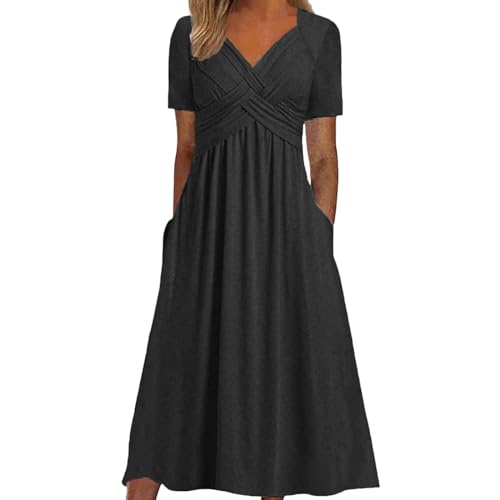 DeaAmyGline Sommerkleid Damen Lang Maxikleid V-Ausschnitt Tunika Kleid Sommer Strandkleid Elegant Kurzarm Lange Kleider mit Taschen Plissee Einfarbig Freizeitkleid Blusenkleid Midikleid für Fauen von DeaAmyGline