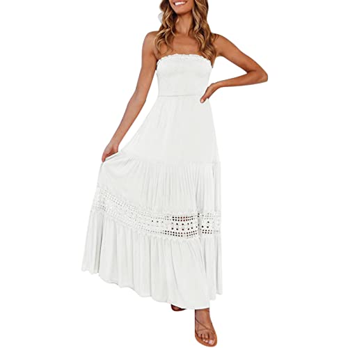 DeaAmyGline Strandkleid Damen Sommer Bandeau Kleid Trägerloses Sommerkleid Lang Schulterfreies Kleider Rückenfrei Sexy Boho Maxikleid A Linien Spitzen Häkelkleid Partykleid Freizeitkleid für Fauen von DeaAmyGline