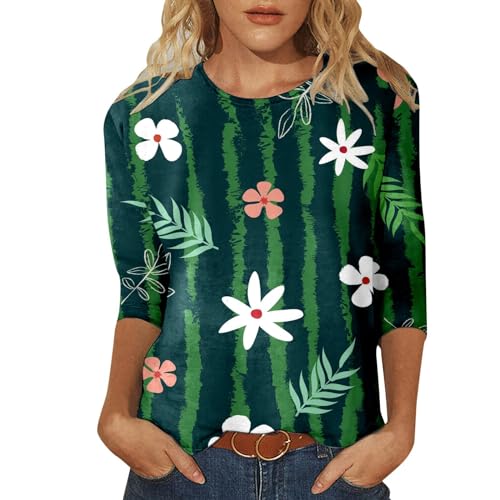 DeaAmyGline T Shirt Damen 3/4 Arm Oberteile Sommer Tshirt mit Aufdruck Blumen Rundhals Lässig Lockere Bluse Tee Shirts Dreiviertelarm Tunika Tops Pullover T-Shirts für Frauen Teenager Mädchen von DeaAmyGline