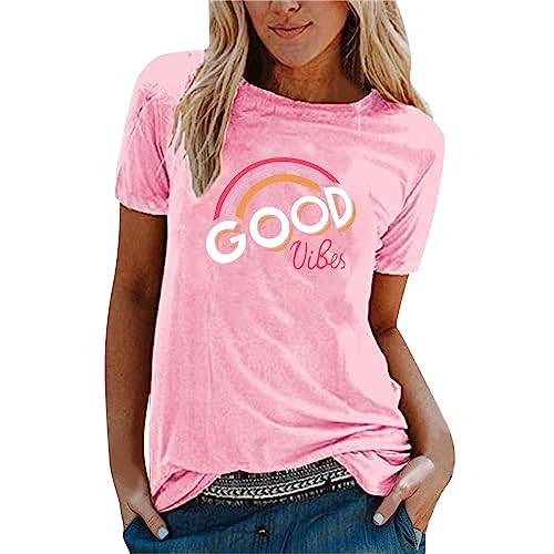 DeaAmyGline T Shirt Damen Kurzarm - Oberteile Sommer mit Regenbogen Good Vibes Briefdruck Tshirt Rundhals Bluse Tunika Top Tee Bequeme Sweatshirt Pullover T-Shirts für Frauen Teenager Mädchen DeaAmyGline T Shirt Damen Kurzarm - Oberteile Sommer mit Regenbogen Good Vibes Briefdruck Tshirt Rundhals Bluse Tunika Top Tee Bequeme Sweatshirt Pullover T-Shirts für Frauen Teenager Mädchen von DeaAmyGline