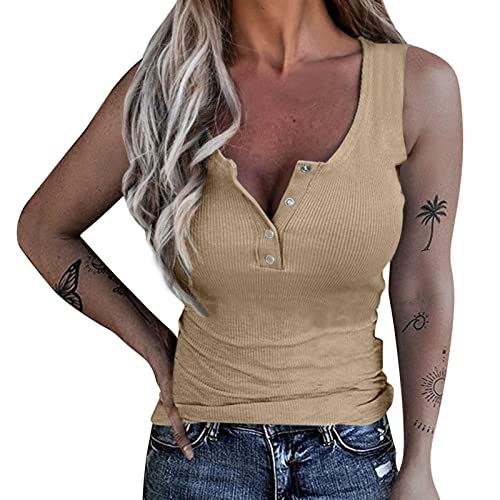 DeaAmyGline Tank Top Damen Stricktop Ärmellose T Shirt V Ausschnitt Knopfleiste Sexy Oberteile Sommer Weste Stretch Lässig Einfarbige Basic Tee Strick Bluse Tanktops & Träger-Tops für Frauen von DeaAmyGline