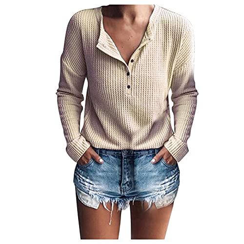 DeaAmyGline Waffel Stricktop Damen Pullover - Langarm T-Shirt V-Ausschnitt Strickpullover Henley Shirt mit Knopfleiste Tunika Top Locker Lässig Gestrickte Langarmshirt Pulli T-Shirts für Frauen von DeaAmyGline