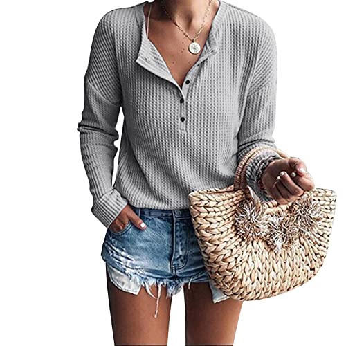 DeaAmyGline Waffel Stricktop Damen Pullover - Langarm T-Shirt V-Ausschnitt Strickpullover Henley Shirt mit Knopfleiste Tunika Top Locker Lässig Gestrickte Langarmshirt Pulli T-Shirts für Frauen DeaAmyGline Waffel Stricktop Damen Pullover - Langarm T-Shirt V-Ausschnitt Strickpullover Henley Shirt mit Knopfleiste Tunika Top Locker Lässig Gestrickte Langarmshirt Pulli T-Shirts für Frauen von DeaAmyGline