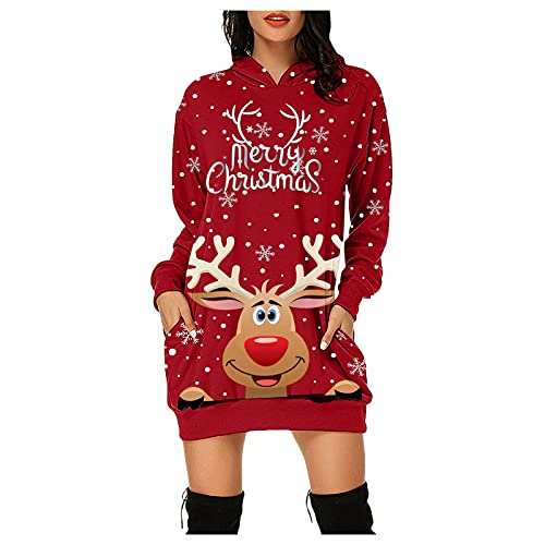 DeaAmyGline Weihnachtskleid Damen Weihnachts Hoodie Kleid, Weihnachtspullover Kleid Damen Kapuzenpullover Pulloverkleid Weihnachten Sweatkleid mit Hässliche Weihnachtsmotiv Weihnachtskleider von DeaAmyGline