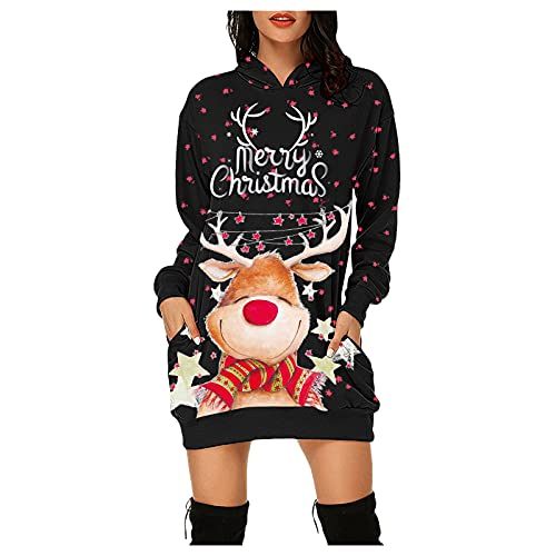 DeaAmyGline Weihnachtskleid Damen Weihnachts Hoodie Kleid, Weihnachtspullover Kleid Damen Kapuzenpullover Pulloverkleid Weihnachten Sweatkleid mit Hässliche Weihnachtsmotiv Weihnachtskleider von DeaAmyGline