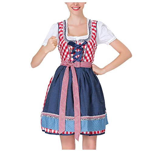 Dirndl Damen 3 Teilig Trachtenkleid Damen Midi Dirndlkleid Damen Trachten Kleid + Dirndlbluse +Schürze Rot kariert Trachtenmode Dirndelkleider Dirndl & Dirndl-Sets für Frauen Mädchen Oktoberfest von DeaAmyGline