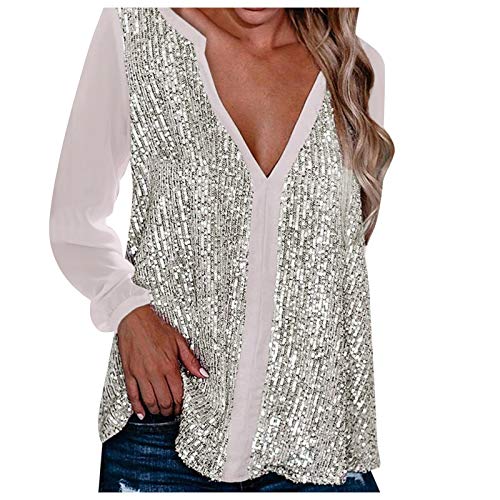Glitzer Oberteile Damen Sexy -Pailletten Oberteil Damen V-Ausschnitt Silber Weiss Langarmshirt Tunika Top T Shirt Langarm Große Größen Lockere Lässig Bluse Party Oberteil Blusen & Tuniken für Frauen Glitzer Oberteile Damen Sexy -Pailletten Oberteil Damen V-Ausschnitt Silber Weiss Langarmshirt Tunika Top T Shirt Langarm Große Größen Lockere Lässig Bluse Party Oberteil Blusen & Tuniken für Frauen von DeaAmyGline