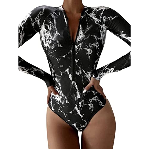 DeaAmyGline Langarm Badeanzug Damen Surfanzug, Einteiliger Badeanzug Damen Bauchweg mit Beinen One-Piece Bikini Sexy Reißverschluss Bademode Strandmode Badeanzüge Swimsuit Surfen Tauchen Sport von DeaAmyGline