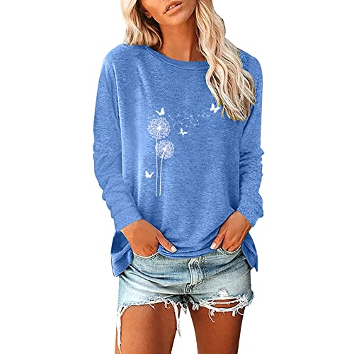 Langarmshirt Damen Elegant - T Shirt Langarm Pullover Damen mit Löwenzahn Drucken Rundhals Bluse Einfarbig Lässige Oberteile Lockere Sweatshirt Longshirt Tunika Top Basic T-Shirts für Damen von DeaAmyGline