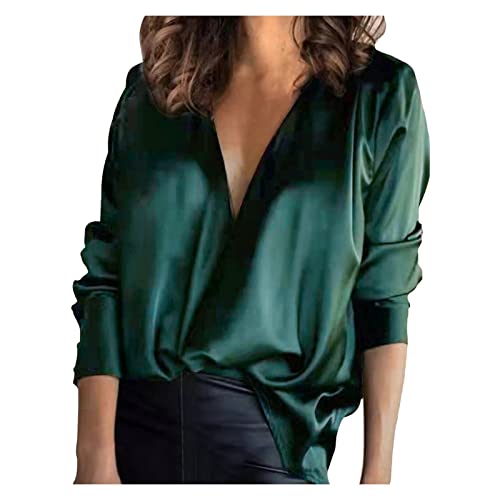 Langarmshirt Damen V Ausschnitt - Satin Bluse Elegant Seidenbluse Damen Tunika Top Langarm T Shirt Oberteile Seidenhemd Lockere Lässige Sexy Blusenshirt Hemd Tops Blusen & Tuniken für Damen von DeaAmyGline