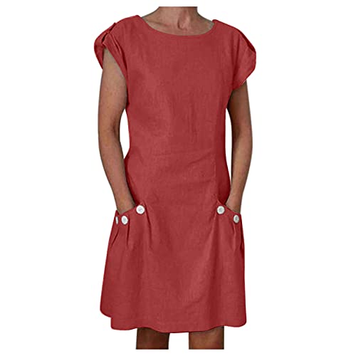 Leinenkleid Damen Sommer- Sommerkleid Damen Knielang, Vintage Kleid Damen Kurzarm mit Taschen Knöpfen Rundhals Lässig Luftige Kleider Elegant Baumwolle Leinen Tunika Blusenkleid Freizeitkleid von DeaAmyGline