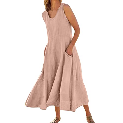 Leinenkleid Damen Sommer - Sommerkleid Damen Lang,A-Linien Kleid Damen Baumwolle Leinen mit Tasche Vintage Einfarbig Ärmelloses Strandkleid Lose Blusenkleid Langes Kleider Maxikleid Freizeitkleid von DeaAmyGline