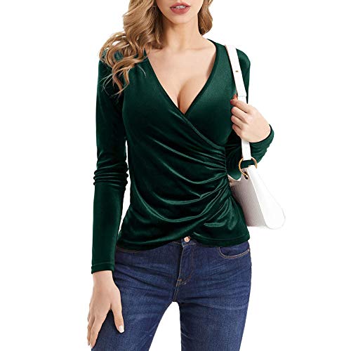 Oberteile Damen Sexy Langarm Tiefer V-Ausschnitt Wickel T Shirt Samt Seidentop Bluse Comfort Fit Langarmshirt Pullover Hemden Blusenshirt T-Shirt Oberteil für Frauen Party Club Alltag Festlich von DeaAmyGline