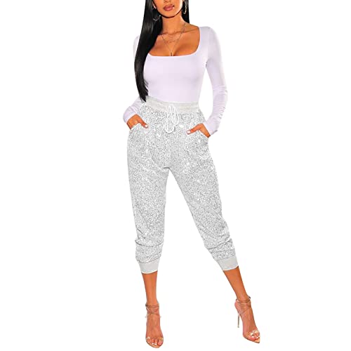 Pailletten Hose Damen High Waist - Glitzer Hose Damen mit Gummizug Drawstring Schlupfhose Damen Sexy Rüschen Paperbag Freizeithose Elegant Hochzeit Damenhosen Party Festliche Lange Hosen Frauen von DeaAmyGline