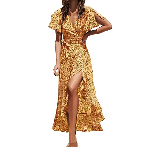 Sommerkleid Damen Lang- Rüschen Kleid Damen Sommer, Boho Strandkleid Damen Sexy Maxikleid mit Schlitz Blumen Punkte Drucken Kurzarm Lange Kleider Festlich Elegant Chiffon Blumenkleid Freizeitkleid von DeaAmyGline