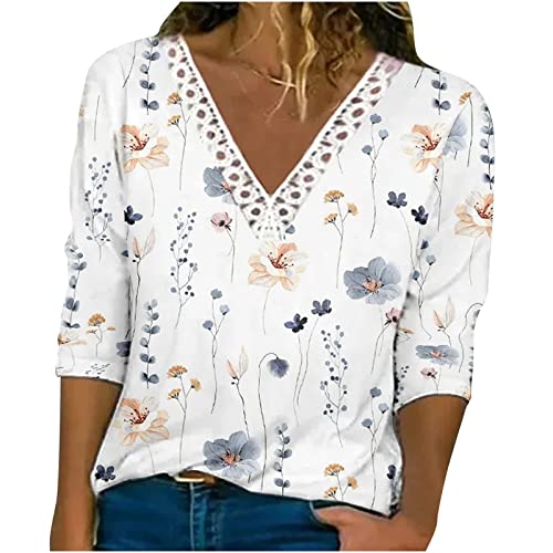 Spitzen Oberteile Damen V Ausschnitt, Bluse Damen Elegant,T Shirt Damen Langarm mit Blumen Muster Locker Lässig Langarmshirt Pullover Tunika Top Schicke Blusenshirt Tee Blusen & Tuniken für Frauen von DeaAmyGline