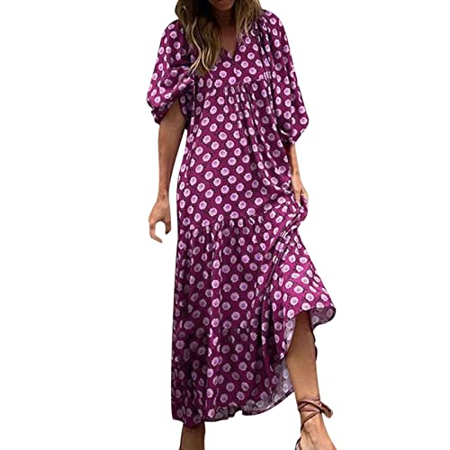 Strandkleid Damen Lang Boho Kleid V-Ausschnitt Strandkleid Kurzarm Maxikleid Blumen Karierte Drucken Locker A Linien Swing Langes Kleider Strand Urlaub Sommerkleider Sommerkleider für Frauen von DeaAmyGline