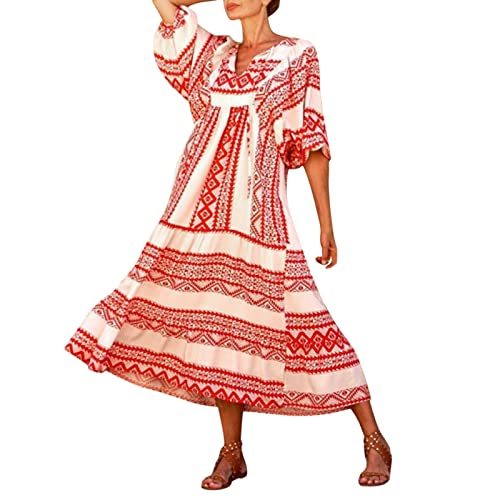 Strandkleid Damen Lang Boho Kleid V-Ausschnitt Strandkleid Kurzarm Maxikleid Blumen Karierte Drucken Locker A Linien Swing Langes Kleider Strand Urlaub Sommerkleider Sommerkleider für Frauen von DeaAmyGline