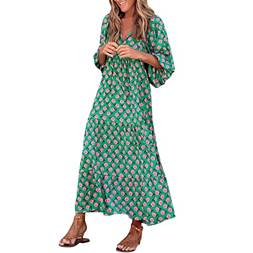 Strandkleid Damen Lang Boho Kleid V-Ausschnitt Strandkleid Kurzarm Maxikleid Blumen Karierte Drucken Locker A Linien Swing Langes Kleider Strand Urlaub Sommerkleider Sommerkleider für Frauen von DeaAmyGline