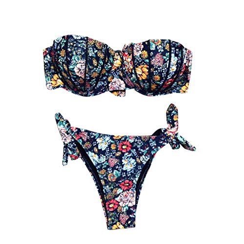 Trägerlos Bikini Damen Set Push Up - Bandeau Bikini Damen mit Blumenmuster Zweiteilig Badeanzug Damen Sexy Große Brüste Gepolstert Bademode Strandmode Badeanzüge Bikini-Sets für Frauen von DeaAmyGline