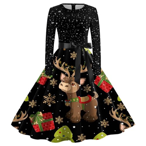 Weihnachtskleid Damen - Kleid Weihnachten Damen Langarm Weihnachts Kleider Elegant mit Gürtel Lustige Weihnachtsmotiv Rockabilly Vintage Swing Christmas Dress Weihnachtskleider Party Cocktailkleid von DeaAmyGline