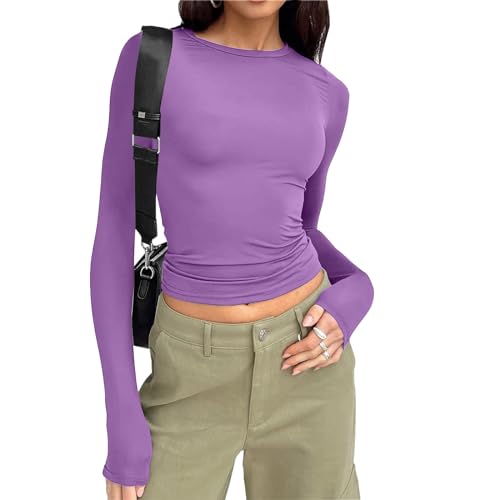 Y2K Crop Tops Damen Skims, Basic Langarmshirt Damen Eng,T Shirt Damen Langarm Slim Fit Bauchfreies Oberteil Elegant Cropped Pullover Rundhals Bluse Streetwear Klamotten für Frauen Teenager Mädchen von DeaAmyGline