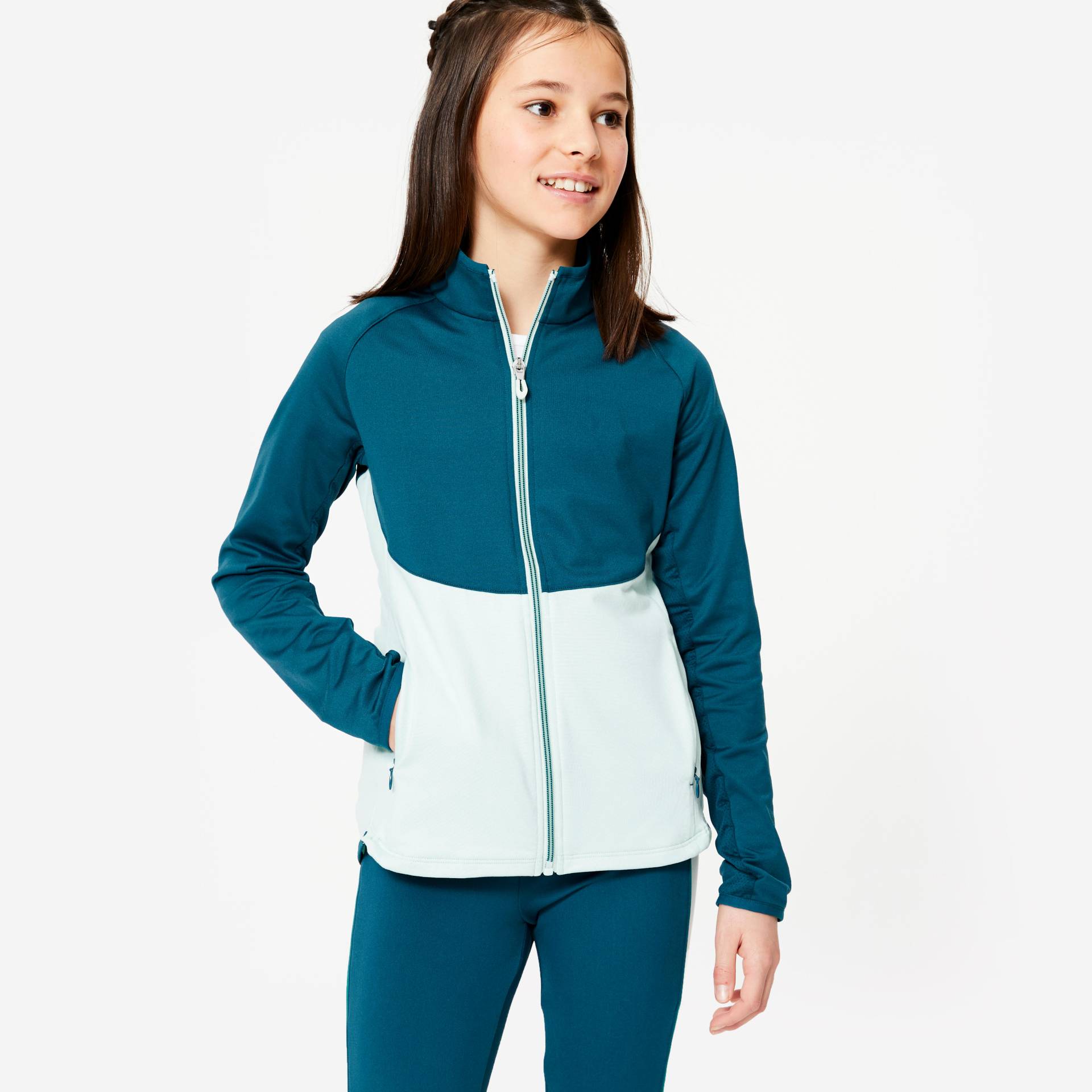 Trainingsjacke Mädchen tailliert - blau/grün von Decathlon