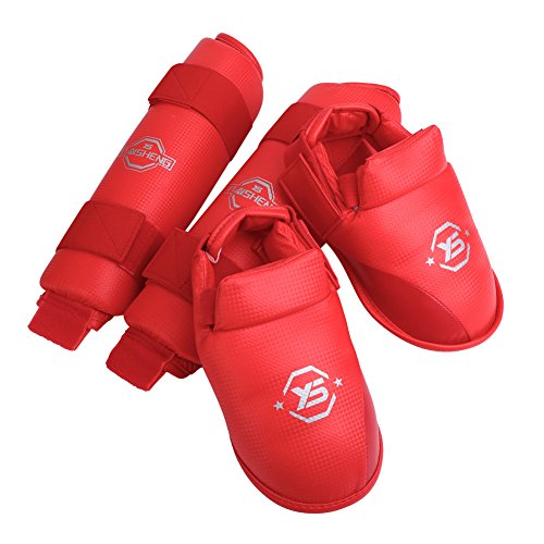 Dechoga 1 Paar Schienbeinschützer Gepolsterter Schaft Bein Fußschützer Verstellbarer Riemen Schutzausrüstung für Taekwondo, Boxen, Karate, Sanda(M-rot) von Dechoga