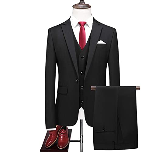 Decorsure Casual Herren Anzüge Leinen Slim Fit 3 Stück Formal Business Sommer Strand Hochzeit Jacke Weste Hose Set,Black,5XL von Decorsure