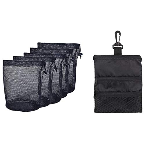 Decqerbe 5 x Nylon-Netzbeutel mit Kordelzug und 1 x Golfte-Tasche mit mehreren Taschen und Reißverschluss von Decqerbe