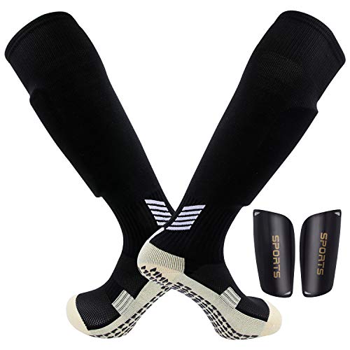 Dee Plus Erwachsene Fußball Schienbeinschoner+rutschfeste Fußball Socken Stutzenstrümpfe Set Sock Shin Guard Noppen Sohle Damen & Herren Socken Anti Rutsch Socken Stoppersocken Noppensocken knielänge von Dee Plus