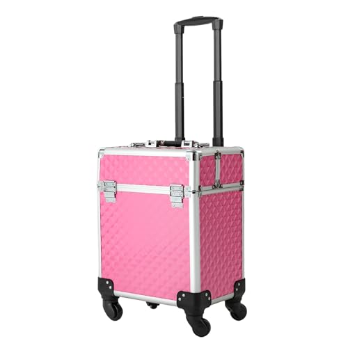 Kosmetikkoffer mit Rollen, Make Up Koffer Trolley 2 klappbare Fächer Verstellbare Zugstange und Riegel für Visagisten Friseure Nageltechniker Kosmetiker (Rosa) von DeeDuud