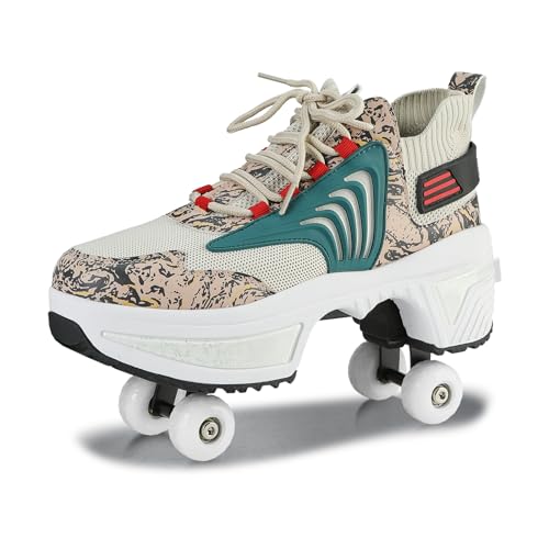 Schuhe mit Rollen für Jungen Mädchen, Rollschuhe mit 4 Einziehbaren Rädern, 2-in-1 Rollschuhen und Sneakers, Roller Skate Shoes für Kinder Teenager (Braun, 35) von Deformation Roller Skates