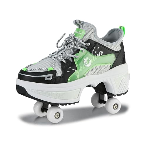 Schuhe mit Rollen für Jungen Mädchen, Rollschuhe mit 4 Einziehbaren Rädern, 2-in-1 Rollschuhen und Sneakers, Roller Skate Shoes für Kinder Teenager (Grün, 34) von Deformation Roller Skates