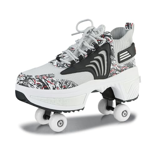 Schuhe mit Rollen für Jungen Mädchen, Rollschuhe mit 4 Einziehbaren Rädern, 2-in-1 Rollschuhen und Sneakers, Roller Skate Shoes für Kinder Teenager (Schwarz, 39) von Deformation Roller Skates