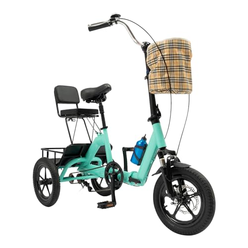 Dekltus 14 Zoll Dreirad für Erwachsene, 3-Rad Faltbares Dreirad Premium-Fahrrad mit Abnehmbaren Vorderen und Hinteren Aufbewahrungskörbe, für Jugendliche, Erwachsene, ältere Menschen (Cyan) von Dekltus