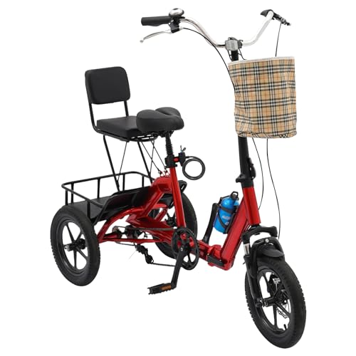 Dekltus 14 Zoll Dreirad für Erwachsene, 3-Rad Faltbares Dreirad Premium-Fahrrad mit Abnehmbaren Vorderen und Hinteren Aufbewahrungskörbe, für Jugendliche, Erwachsene, ältere Menschen (Rot) von Dekltus