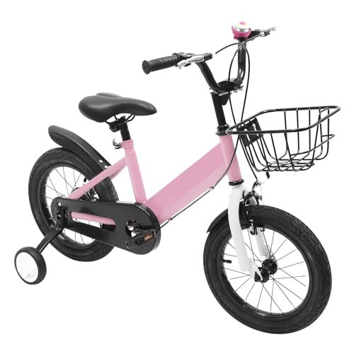 Dekltus 14 Zoll Fahrrad, Kinderfahrrad mit Stützräder unb Aufbewahrungskorb, Jungen Mädchen Kinderfahrrad für ab 3-5 Jahre (Rosa) von Dekltus