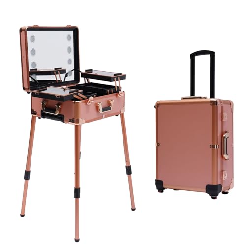 Kosmetikkoffer Trolley Schminkkoffer mit 4 Rollen & Beleuchtung & Spiegel,Make up Organizer Koffer 3 in 1 Profi Groß Schminkkoffer Friseurkoffer Beauty Case abschließbar Alu Multikoffer (Roségold) von Dekltus