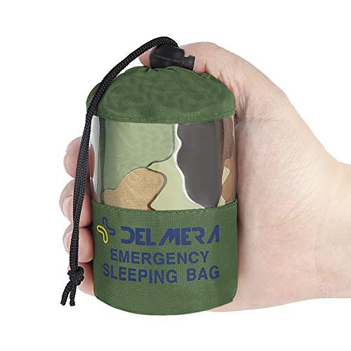 Delmera Notfall-Schlafsack, leichte Überlebensschlafsäcke wasserdichte Thermo-Notfalldecke, Bivy Sack Überlebensausrüstung für Outdoor-Abenteuer, Camping, Wandern, Orange, Grün (Tarnung) von Delmera