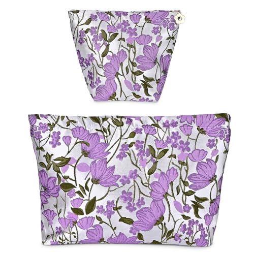 Denovin Kosmetiktasche mit Blumenmuster, ästhetische Kosmetiktasche für Damen und Mädchen, große Kapazität, Segeltuch, Reise-Make-up-Tasche, Reißverschluss, Organizer-Tasche, Violett, Violette von Denovin