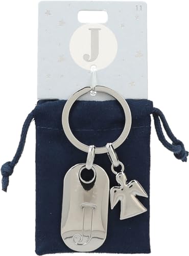 Depesche 11800-011 Silberner Schlüsselanhänger mit Buchstabe J und Schutzengel, Zinklegierung, inkl. farbigem Samtbeutel von Depesche