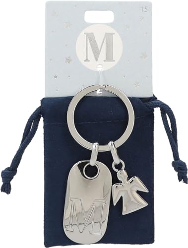 Depesche 11800-015 Silberner Schlüsselanhänger mit Buchstabe M und Schutzengel, Zinklegierung, inkl. farbigem Samtbeutel von Depesche