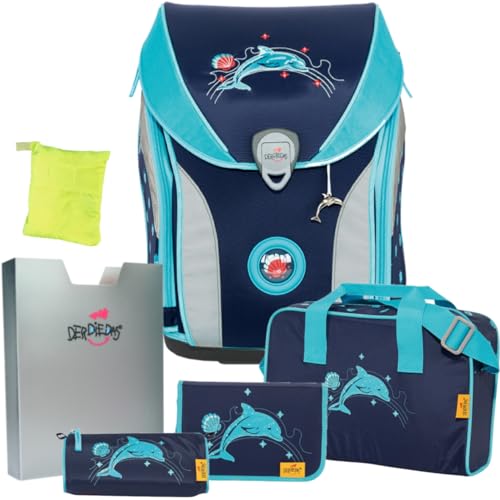 DerDieDas Glitter Dolphin - Delfin ErgoFlex MAX Schulranzen-Set 6tlg. - REGENHÜLLE GRATIS DAZU von DerDieDas