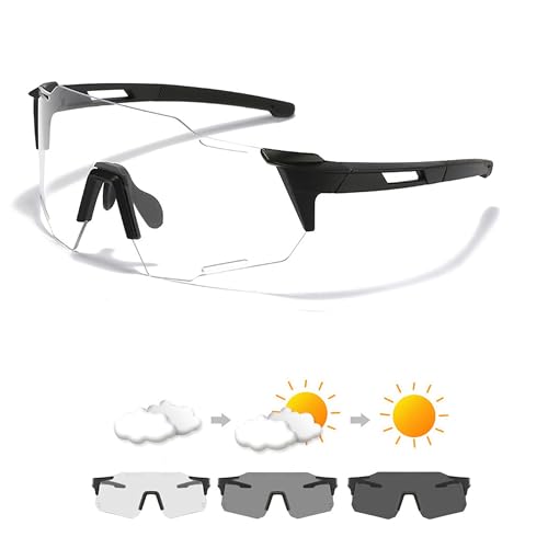 Dermonem Cyeling Photochrome Brille, MTB-Fahrrad-Sonnenbrille für Damen und Herren, Reitsportbrille, transparent, ohne Rahmen, winddicht, Schwarz von Dermonem